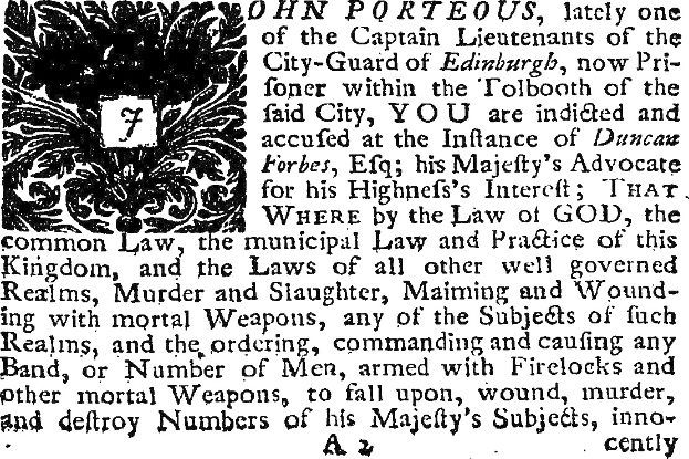 Schwarzes und weißes Bild eines Mannes in Anzug und Krawatte mit Text und einem Design auf dem Papier, einschließlich des Anklagetexts gegen John Porteous.