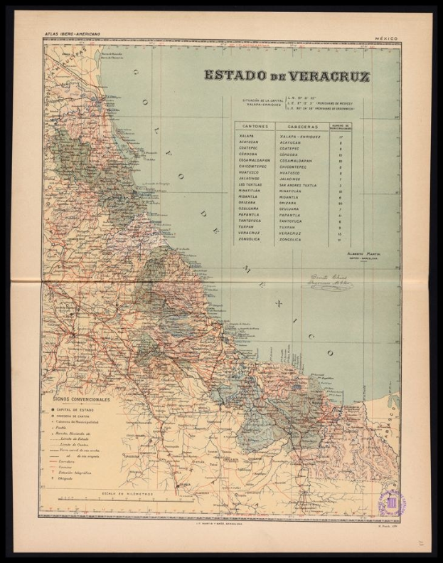 Alte schwarze Rahmenkarte von Veracruz, Mexiko, zeigt Flüsse, Berge und Städte.