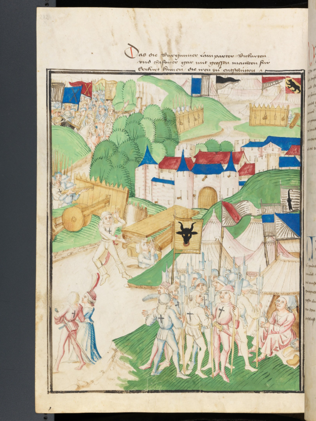 Open book with a medieval battle scene painting, including people, houses, trees, and grass, accompanied by descriptive text.