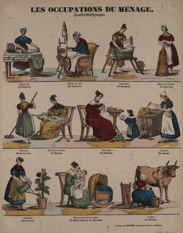 Ein Plakat aus dem 19. Jahrhundert, das geschlechterbasierte Berufe zeigt, mit sitzenden und stehenden Figuren, einer Kuh, einem Topf mit einer Pflanze und textuellen Beschreibungen.