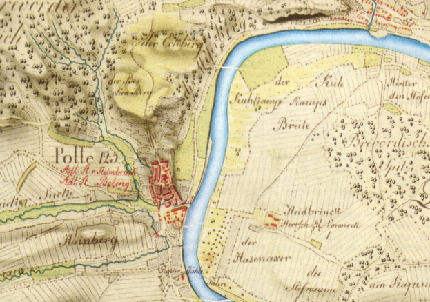 Detailiertes altes Stadtplan von Polle, Deutschland, mit einem Fluss, Straße, Gebäude und anderen Merkmalen markiert.