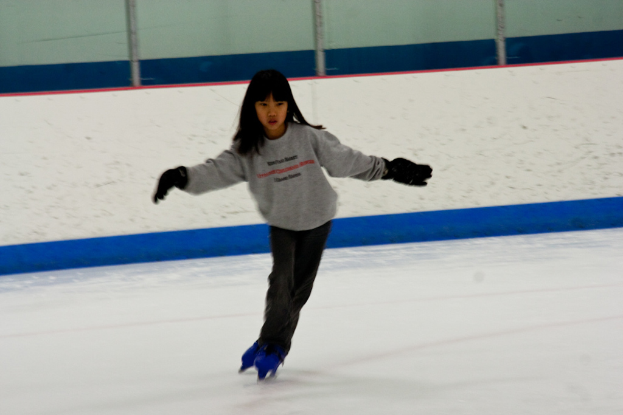 Eine Person in Kleidung läuft auf dem Eis mit Polen im Bild oben.