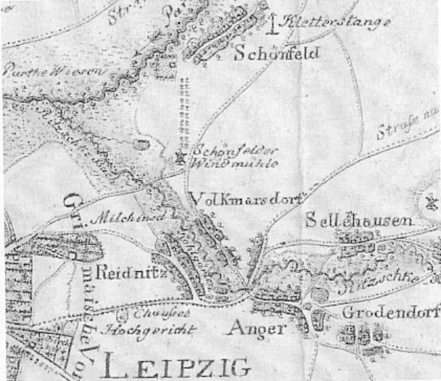 Old map of Leipzig, Germany, displaying streets, buildings, and landmarks with descriptive text annotations.