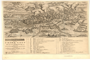 Ein detaillierter alter Stadtplan von Magdeburg, Deutschland, der Straßen, Gebäude, Sehenswürdigkeiten und begleitenden Text zeigt und die Stadtbevölkerung, Sehenswürdigkeiten und Straßen beschreibt.