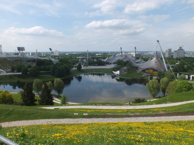 View of Olympic Stadium from a hilltop, with a pond in the foreground surrounded by greenery and yellow flowers, and buildings visible in the background under a clear blue sky.