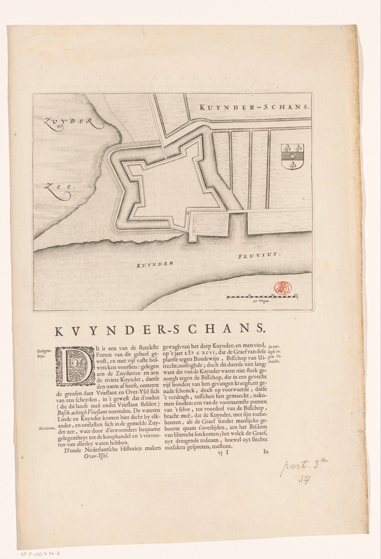 Altes Buch mit detaillierter Karte von Kuynder-Schans, einschließlich Straßen, Gebäuden und Sehenswürdigkeiten, begleitet von beschreibendem Text.