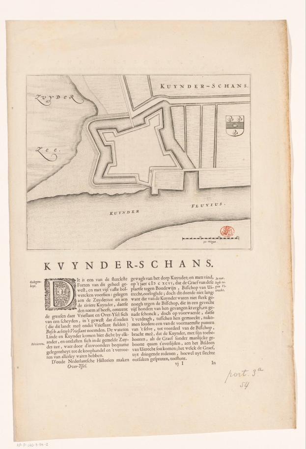 Altes Buch mit detaillierter Karte von Kuynder-Schans, einschließlich Straßen, Gebäuden und Sehenswürdigkeiten, begleitet von beschreibendem Text.