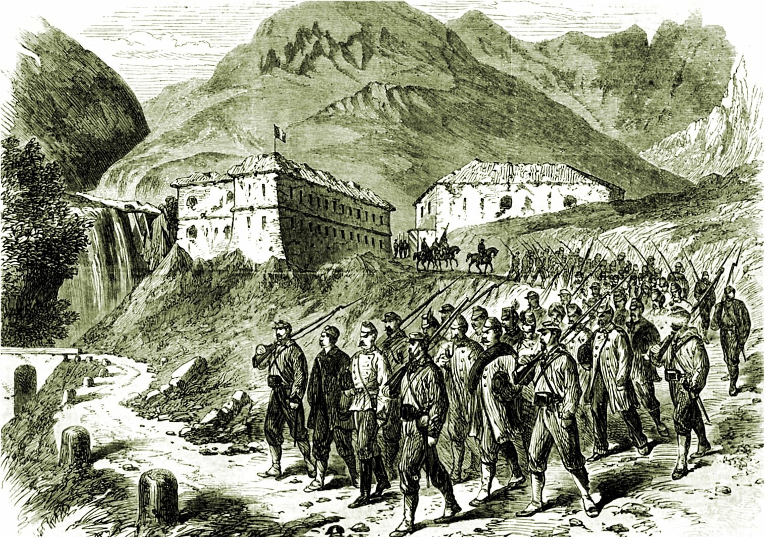 Schwarz-weißes Foto von Menschen, die einen Schotterweg vor einem Wasserfall entlanggehen, mit Hügeln, Gebäuden, Bäumen und Himmel im Hintergrund, beschriftet mit "Französische Truppen betreten die Schweizer Alpen."