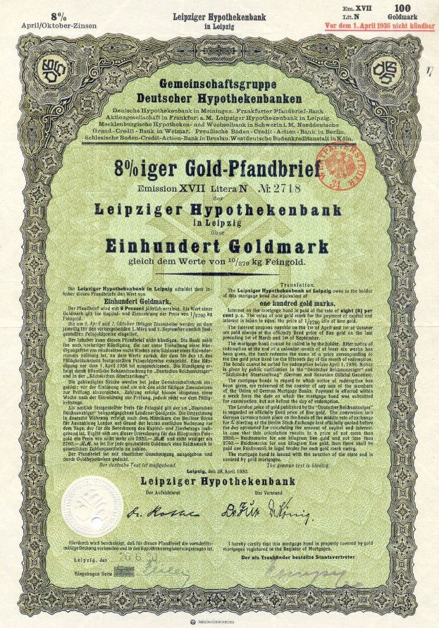 Altes grünes Wertpapier der Leipziger Hypothekbank mit gedrucktem Text und einem Stempel.