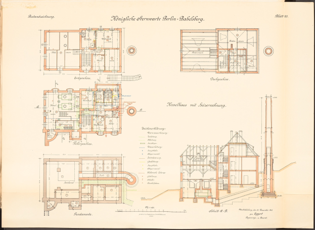 Old book with detailed architectural plans and text, featuring a drawing of the original plan for the Königliche Hermwerk Berlin-Baklberg building.