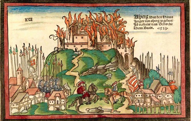 Eine mittelalterliche Handschrift zeigt eine brennende Burg umgeben von Menschen, Pferden und Fahnen mit begleitendem Text.