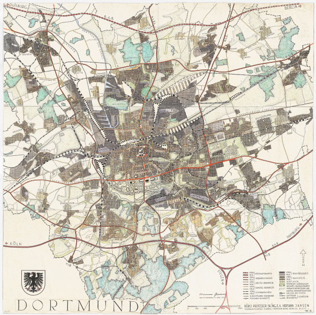 Ein altes Stadtplan von Dortmund, Deutschland, gedruckt auf einem Plakat mit Logo und Text unten.