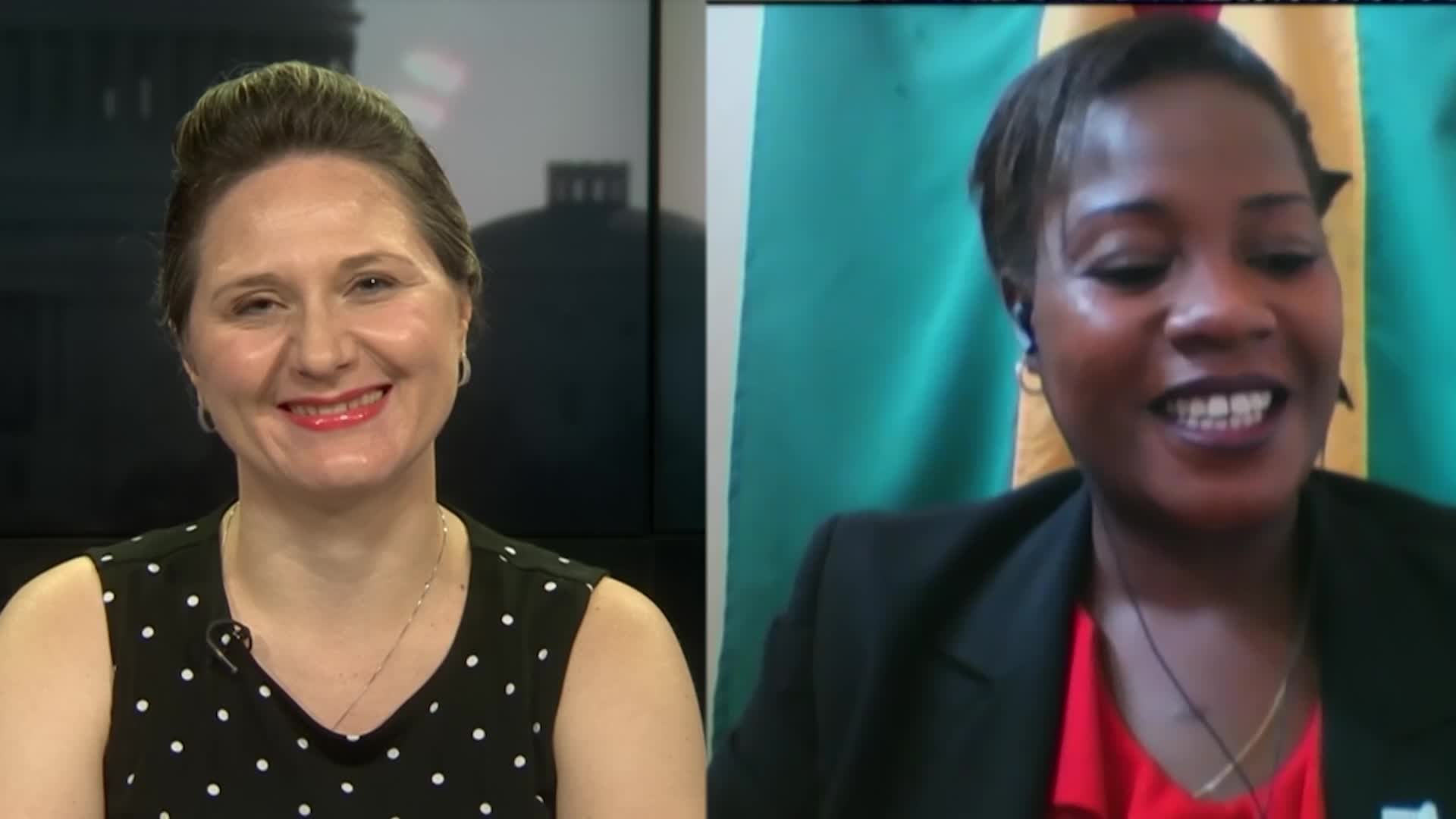 Zwei Frauen, die während eines Videoanrufs lächeln, eine in einem schwarzen und weißen Kleid, die andere in einer unbestimmten Farbe, mit einer Fahne, die an der Wand hinter ihnen in einer öffentlichen Einrichtung hängt.