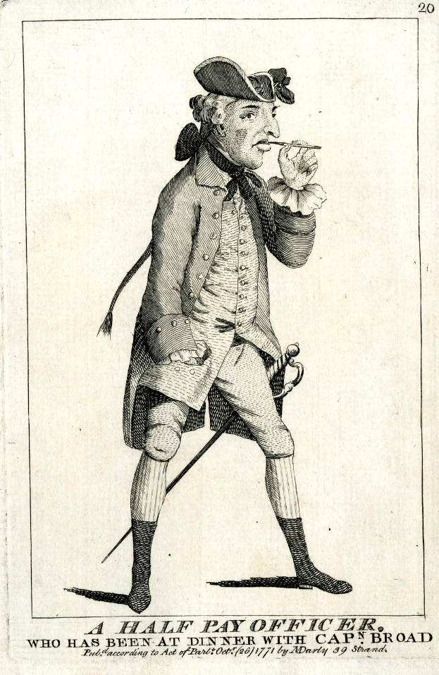 Ein halbes Gehalt Offizier in einer Mütze steht auf einem Papier mit Wörtern und Zahlen, hält eine Zigarette und einen Stock.