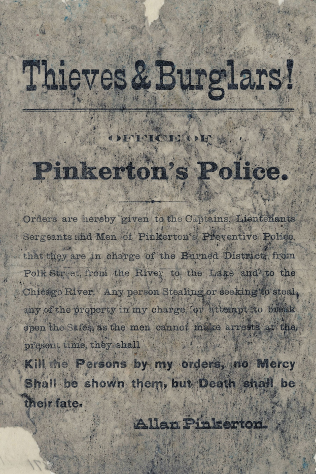 Ein Plakat mit fetter schwarzer Schrift, die 'Thieves & Burglars Pinkerton's Police' lautet, auf einem weißen Hintergrund, umrahmt von einem schmalen schwarzen Rand.