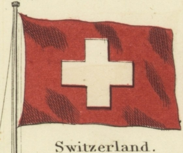 Rotes Flagge mit weissem Kreuz, befestigt an einem Stab, beschriftet mit "Schweiz" unten.