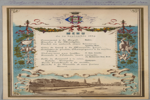 Eine alte Speisekarte mit einer Stadtansicht-Illustration, mit Text und Bildern von Gebäuden, Bäumen und Wasser.