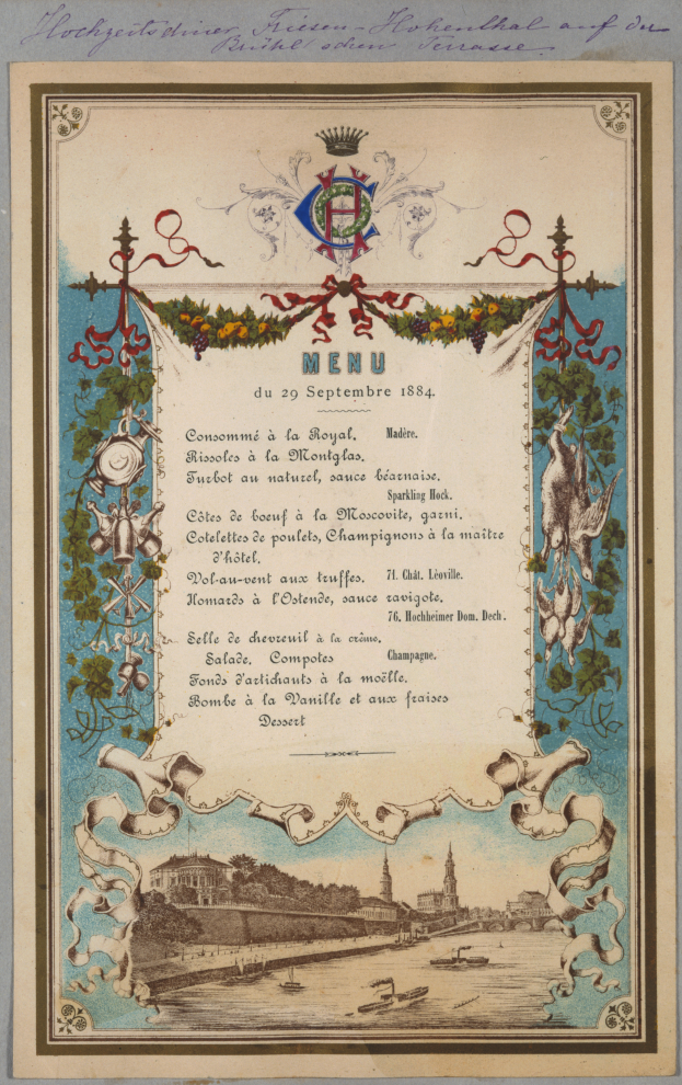 Eine alte Speisekarte mit einer Stadtansicht-Illustration, mit Text und Bildern von Gebäuden, Bäumen und Wasser.