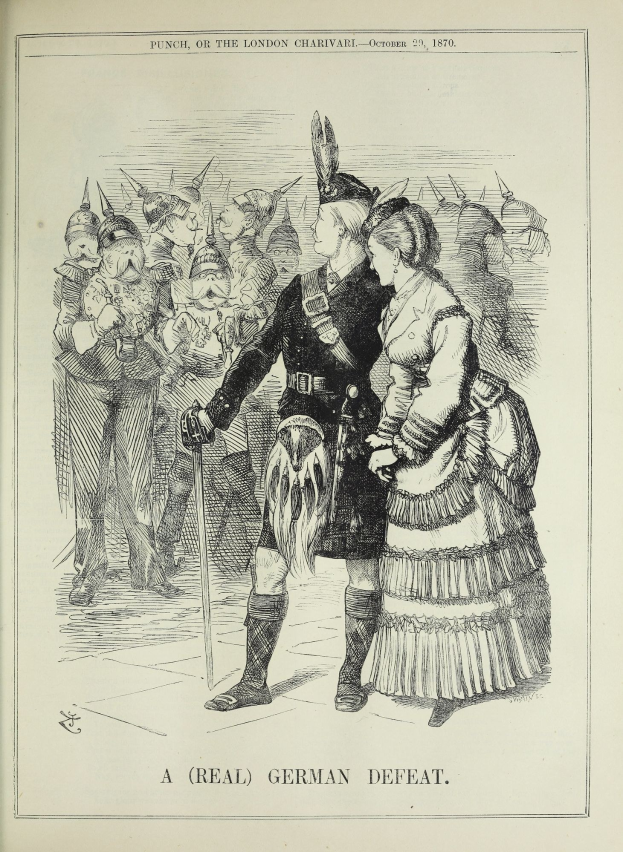 Zwei Personen stehen vor einer Menge, der Mann hält einen Stock, auf einem Papier mit deutscher Schrift und Zahlen, die Niederlage anzeigen.