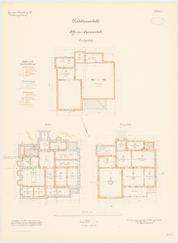 Black and white architectural floor plan of a building with numerous labeled rooms, including the office of the Przeczanskalz, accompanied by handwritten text detailing the layout.