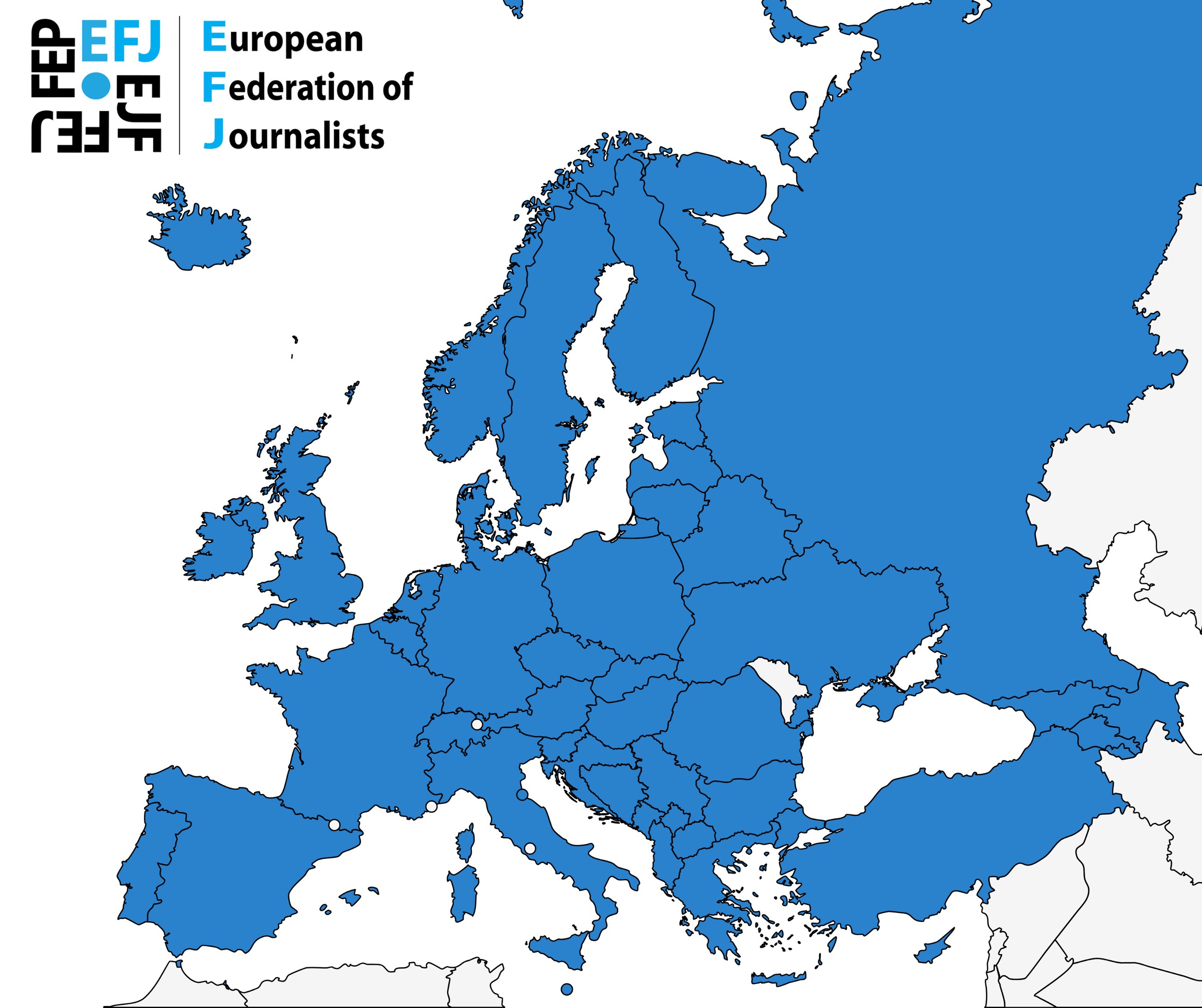 A map of Europe highlighting the European Federation of Journalists (EFJ) in blue with additional text details.