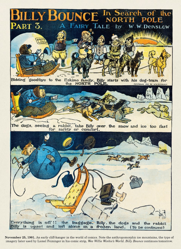 Cartoon-Illustration mit dem Titel "Billy Bounce auf der Suche nach dem Nordpol, Teil 3", die eine Gruppe von Menschen, Tieren und Gegenständen in einer Märchenumgebung zeigt.