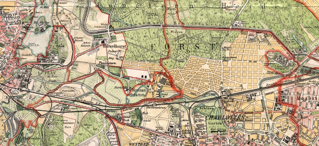 Ein detaillierter alter Stadtplan von Berlin, Deutschland, der Straßen, Gebäude und Sehenswürdigkeiten zeigt.
