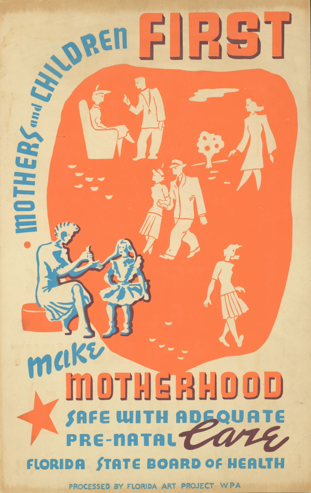 Plakat mit fetter weißer Schrift "Machen Sie die Mutterschaft mit ausreichender pränataler Betreuung sicher" auf einem hellblauen Hintergrund, das strahlende Menschen verschiedenen Alters, Geschlechts und Ethnien zeigt.