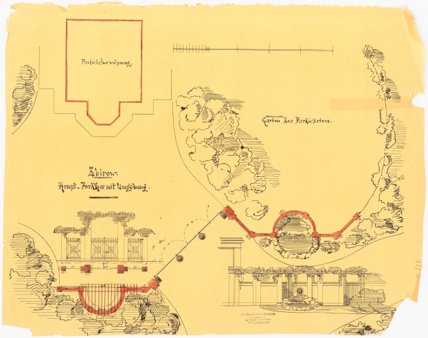 A detailed architectural drawing of a park site plan with a red outline, accompanied by text and diagrams.