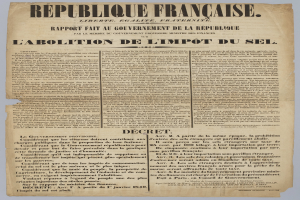 Yellowed French newspaper article titled "Republique Française" about the abolition of the Limpôt du Sel, framed by a thin black border, with black ink text on slightly crumpled paper.
