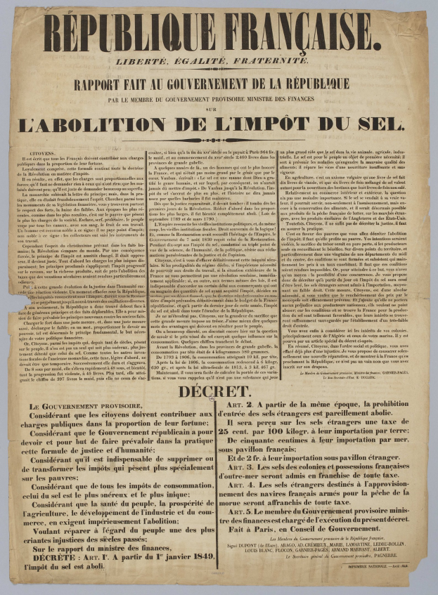 Yellowed French newspaper article titled "Republique Française" about the abolition of the Limpôt du Sel, framed by a thin black border, with black ink text on slightly crumpled paper.