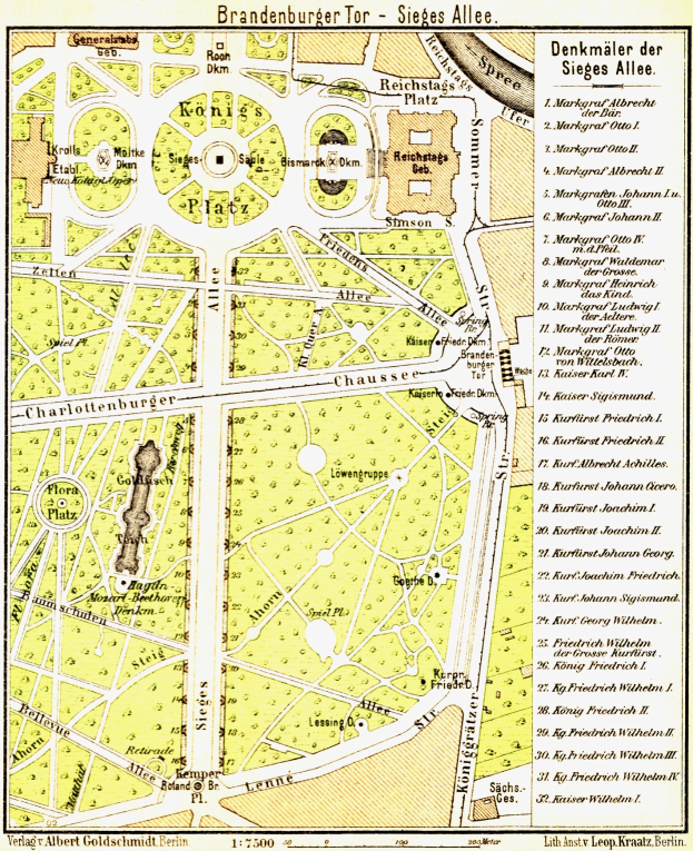 Ein detaillierter alter Stadtplan von Brandenburg, Deutschland, der Straßen, Gebäude, Parks und Sehenswürdigkeiten mit begleitendem Text zeigt.