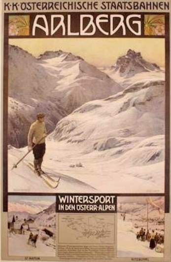 A poster advertising a winter sport in the Austrian Alps, showing a skier surrounded by images of people and mountains with text.