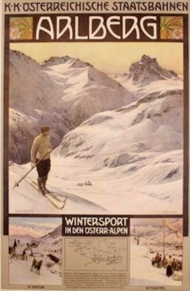 A poster advertising a winter sport in the Austrian Alps, showing a skier surrounded by images of people and mountains with text.