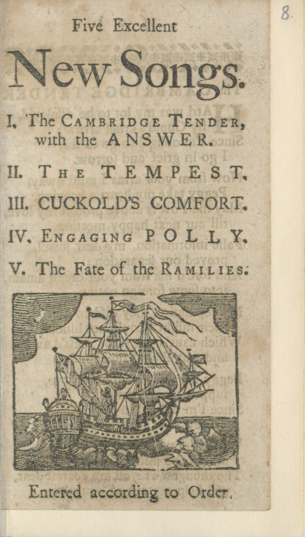 Altes Buchcover mit einem Schiff, das auf Wasser segelt, und dem Text "Fünf ausgezeichnete neue Lieder" sowie einem hellblauen Himmel mit weißen Wolken.