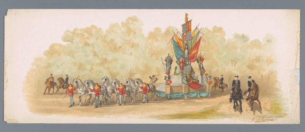 Ein Gemälde eines Karnevalsumzugs mit Menschen in bunten Kostümen, die vor einem geschmückten Festwagen auf Pferden reiten, unter einem klaren blauen Himmel mit Bäumen im Hintergrund.