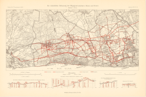 Old map of Berlin, Germany, with red lines marking a train route, printed on paper with text at the top and bottom.