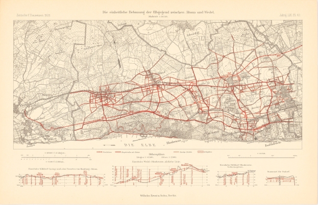 Old map of Berlin, Germany, with red lines marking a train route, printed on paper with text at the top and bottom.