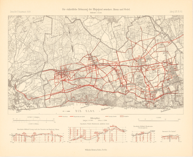 Old map of Berlin, Germany, with red lines marking a train route, printed on paper with text at the top and bottom.