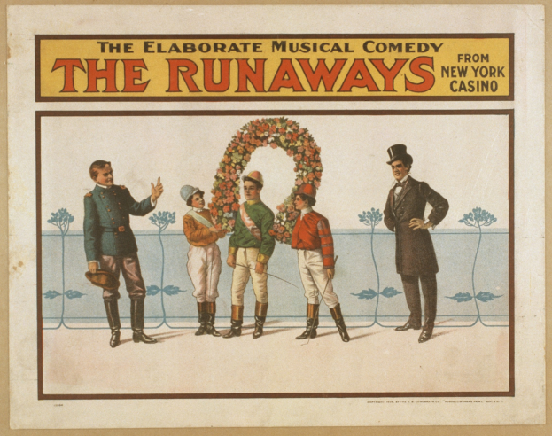 Plakat für "Elaborate Musical Comedy Runaways" im New Yorker Casino, das eine Gruppe von Menschen in einer Reihe zeigt, wobei einer einen Blumenstrauß hält und Werbetext.