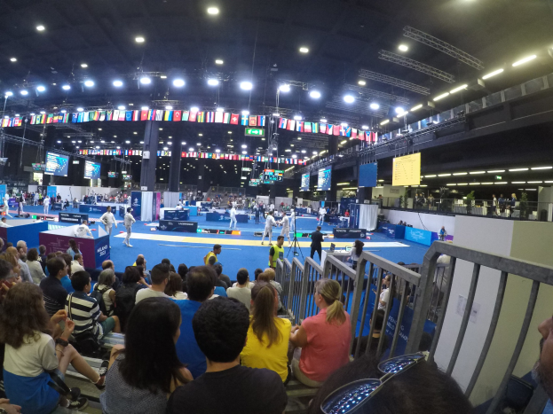 Eine große Menschenmenge auf Sitzplätzen und Stehplätzen in einer Indoor-Sportarena mit Bildschirmen, Flaggen und Deckenleuchten im Hintergrund.