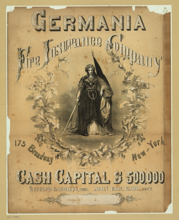 Eine Werbung aus vergangenen Zeiten für die Germania Feuer-Versicherungsgesellschaft, die ein zentrales Bild einer Frau zeigt, mit Texten, die die Dienstleistungen der Gesellschaft beschreiben.