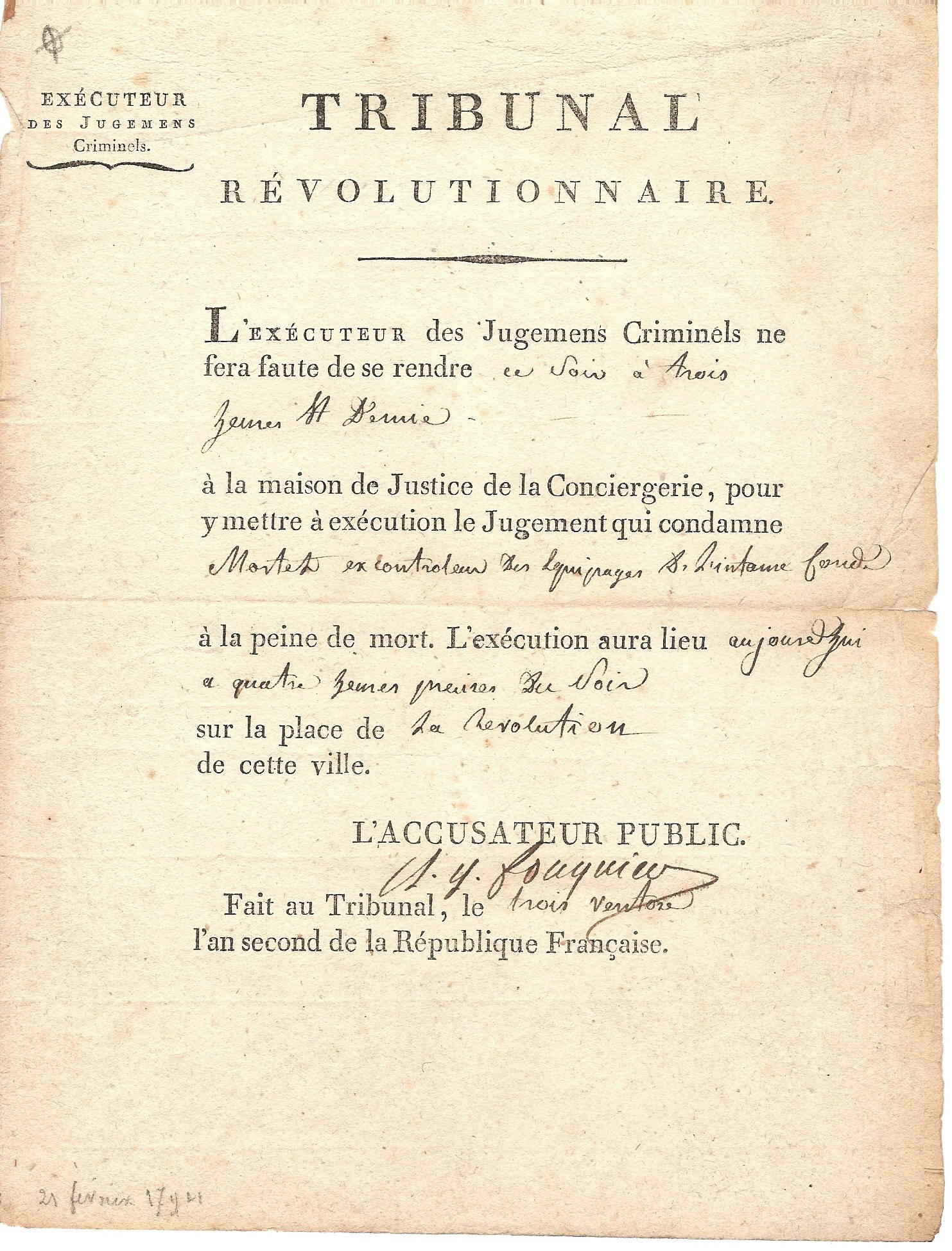 A yellowed, aged document titled "Tribunal Révolutionnaire" detailing execution judgments in France, written in cursive font.