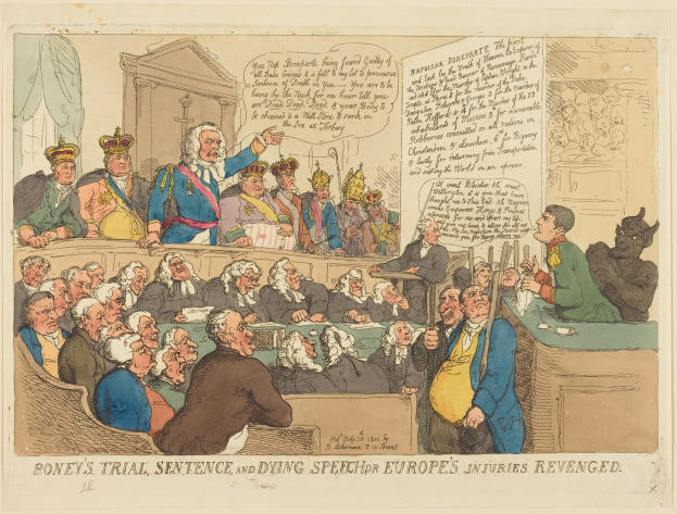 Eine Karikatur einer Gerichtsszene mit einer Gruppe von Menschen, die sitzen, und einem Mann in der Mitte, einem Tisch mit verschiedenen Gegenständen rechts und Text unten, der "Boney's Trial, Sentence, and Dying Speech Europe's Injuries Revenged" lautet.