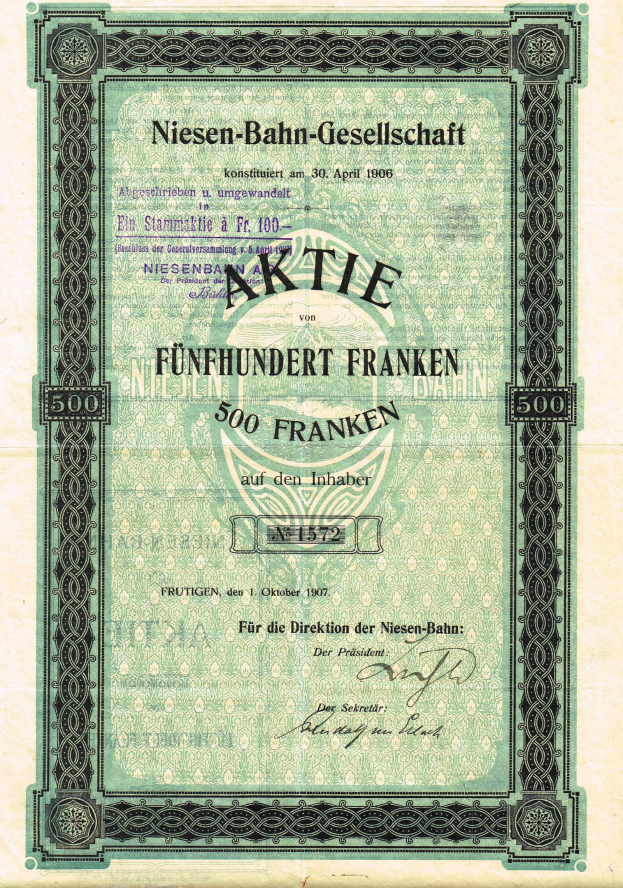 Old German stock certificate with a green border, text reading "Niesen-Bahn-Gesellschaft," likely issued by the German government.
