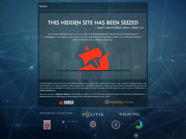 Ein Computerbildschirm zeigt eine Beschlagnahmungsbenachrichtigung mit der schwarzen, fetten Schrift 'Dieser versteckte Ort wurde beschlagnahmt' und einem Logo der niederländischen Nationalpolizei mit einem blauen Schild und einem weißen Stern in der Mitte.