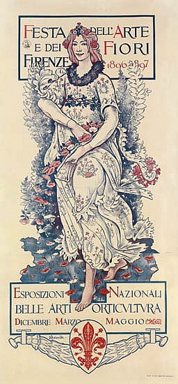 Plakat für ein italienisches Festival, das eine Frau in einem wallenden weißen Kleid mit langen Ärmeln, hohem Kragen und zurückgebundenem Haar zeigt, vor einem hellblauen Hintergrund mit fetter schwarzer Schrift.