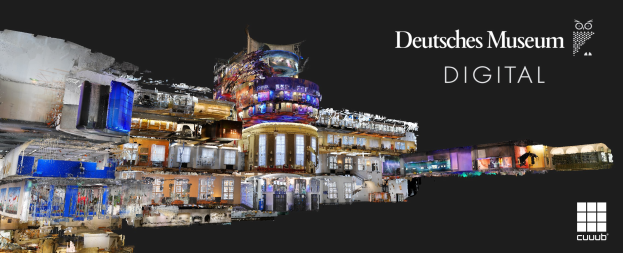 Digital art of Deutsches Museum Digital featuring buildings in the foreground against a dark background, with text and a logo on the right side.