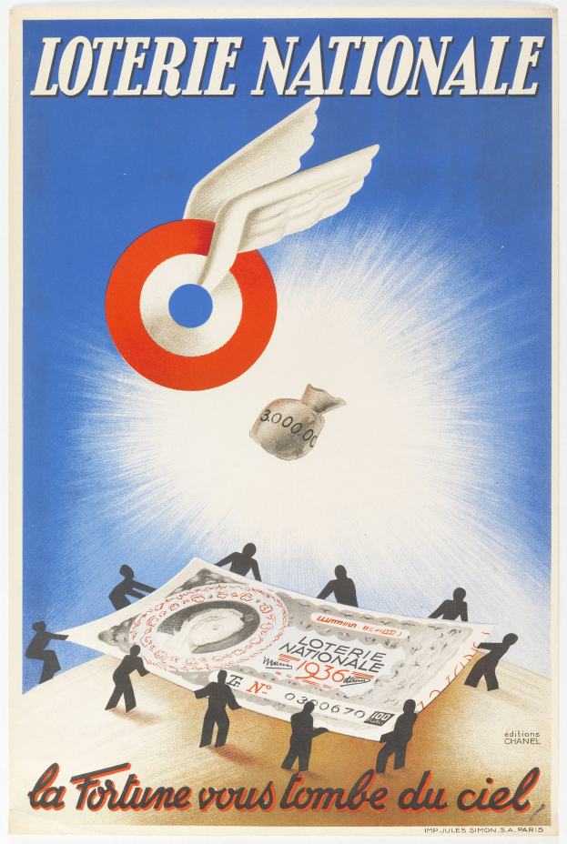 Plakat für eine nationale Lotterie mit einem Bild eines Vogels, der über einen Geldstapel fliegt, mit Werbetext.