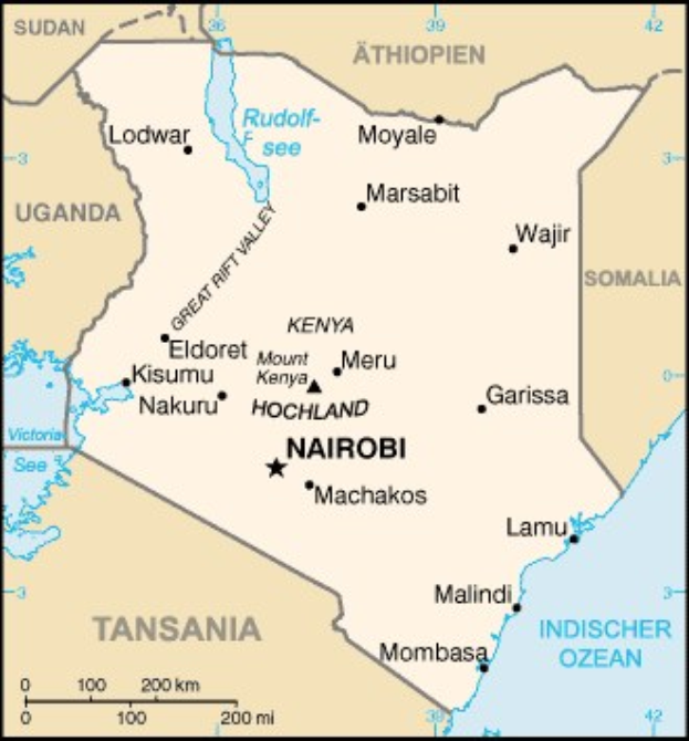 Political map of Nairobi, Kenya, displaying cities, towns, and geographical features with text and borders.